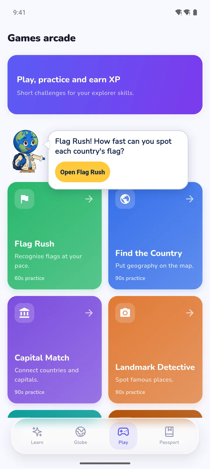 iWorldGlobe on Android showing the games arcade