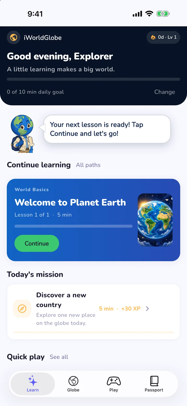 The Learn home with today's mission and the next lesson ready