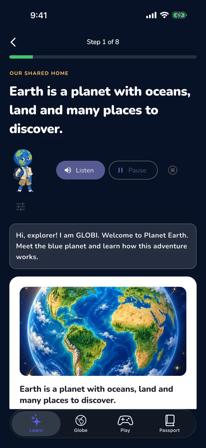 A lesson step titled Earth is a planet with oceans, land and many places to discover
