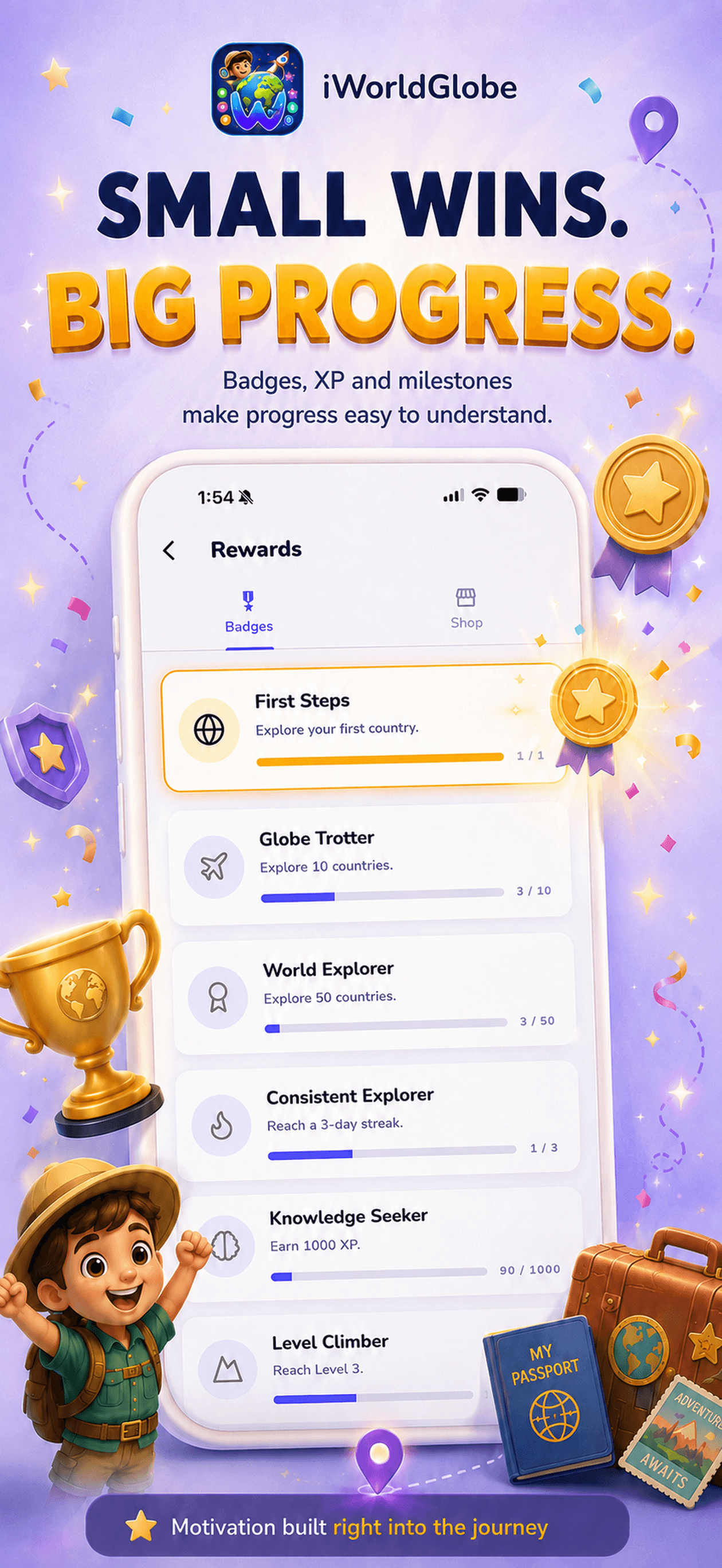 iWorldGlobe explorer progress and achievements screen