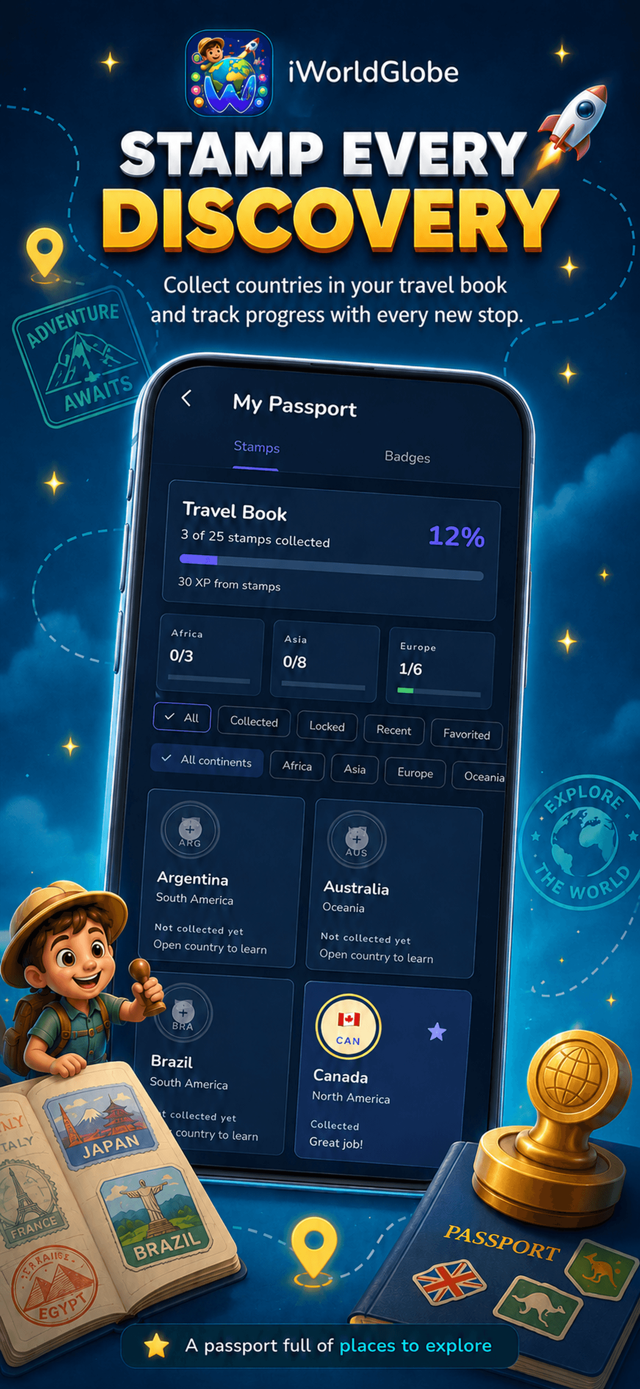 iWorldGlobe passport showing country stamps and explorer progress