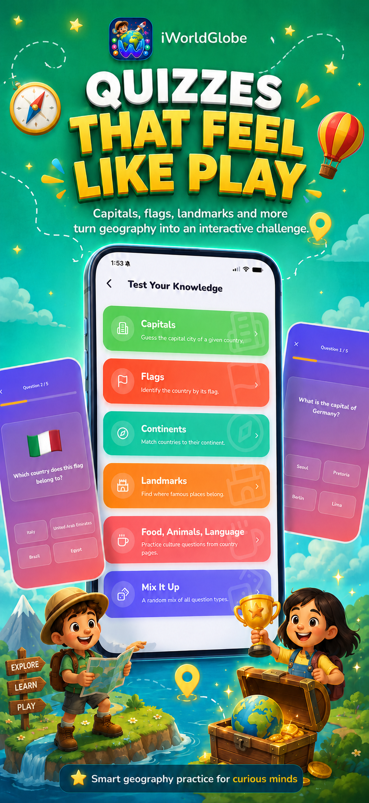 iWorldGlobe screen for choosing a geography quiz mode